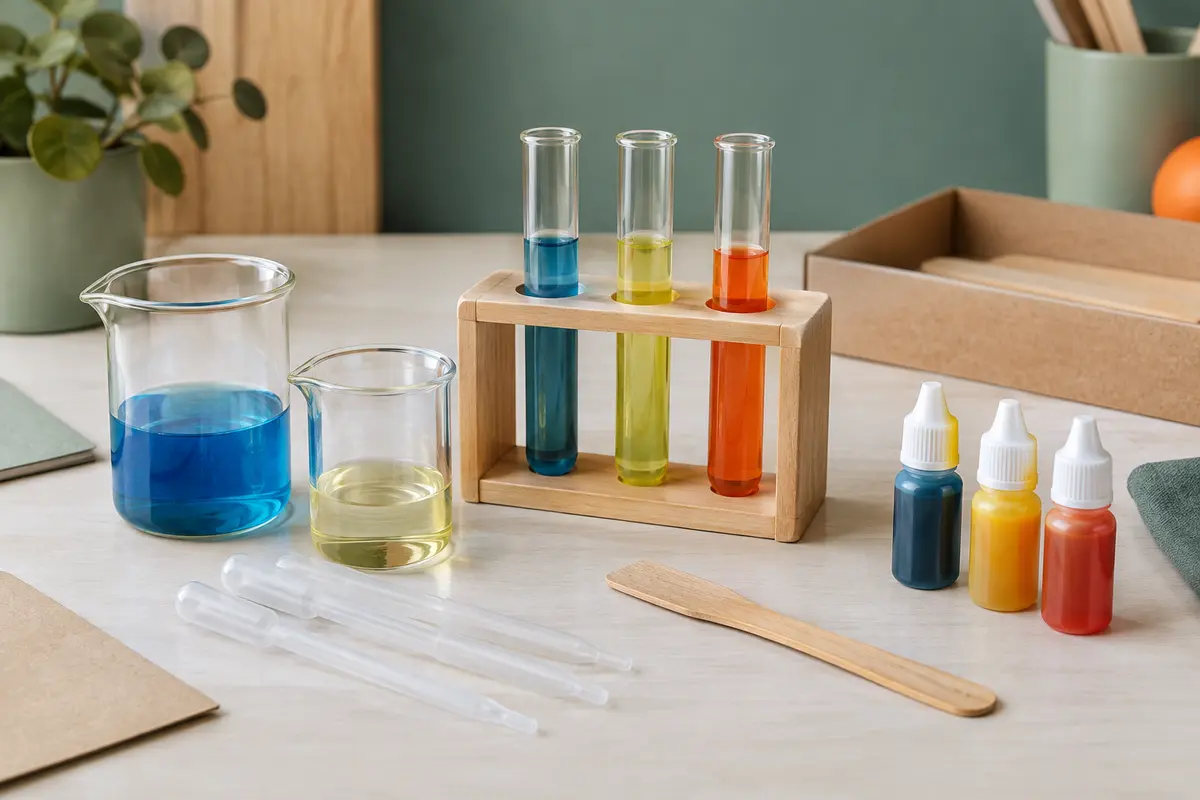 Kit de chimie avec tubes à essai, béchers, pipettes et flacons de colorants disposés sur une table claire
