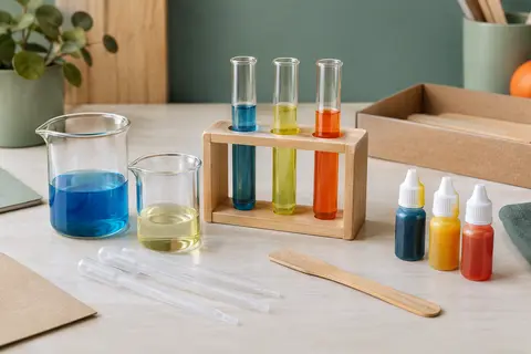 Kit de chimie avec tubes à essai, béchers, pipettes et flacons de colorants disposés sur une table claire