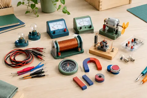 Composants d’un kit scientifique d’électricité et de magnétisme disposés sur une table claire