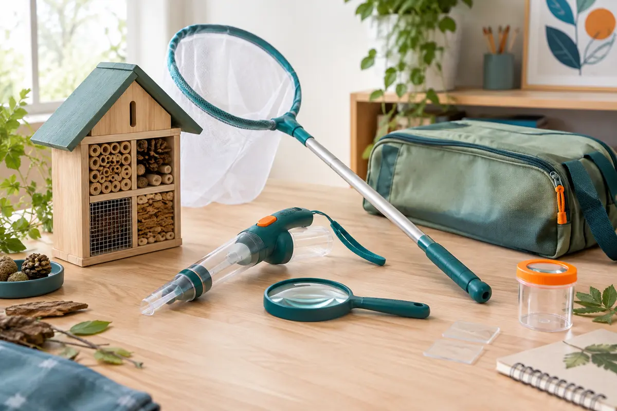 Kit d’observation des insectes avec habitat en bois, filet télescopique, aspirateur, loupe et sac de rangement