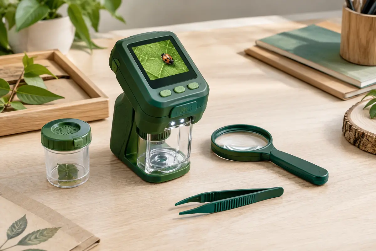 Kit d’observation Temodu vert foncé avec écran, microscope numérique, loupe et accessoires sur une table claire.