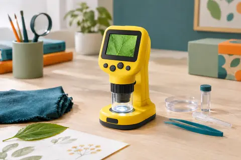 Microscope numérique jaune pour enfant posé sur une table claire, près d’un tissu et d’une feuille