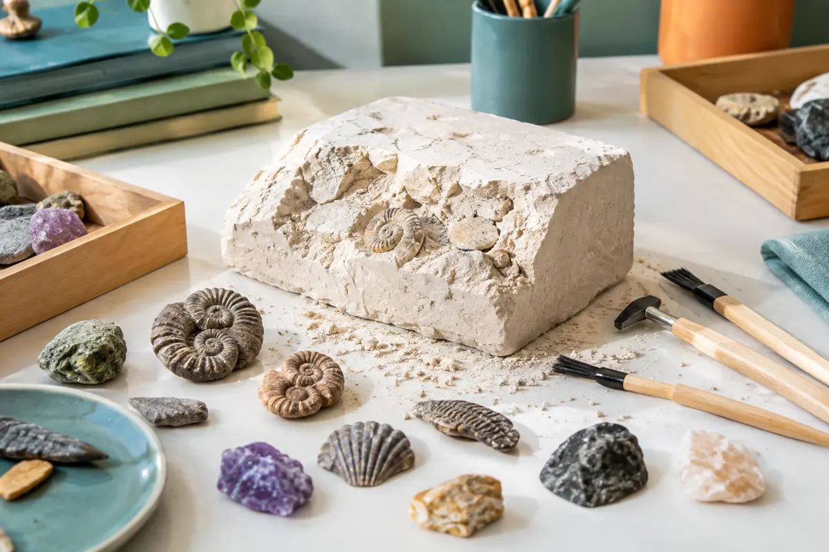 Bloc d’excavation avec outils et pierres colorées découvertes dans un kit de géologie pour enfants