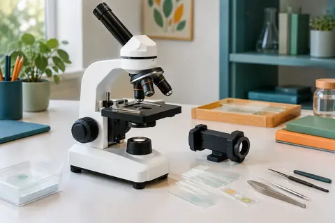 Microscope biologique blanc avec objectifs rotatifs, éclairages LED, lames et adaptateur pour smartphone sur une table