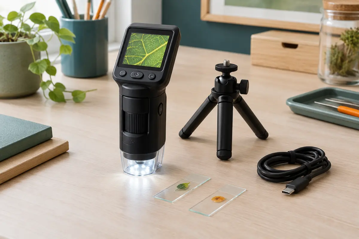 Microscope numérique portable noir avec écran couleur, mini trépied et lames préparées sur une table claire.