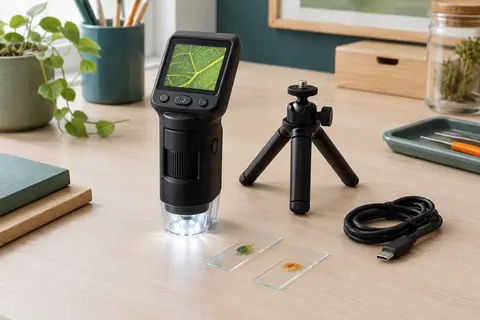 Microscope numérique portable noir avec écran couleur, mini trépied et lames préparées sur une table claire.