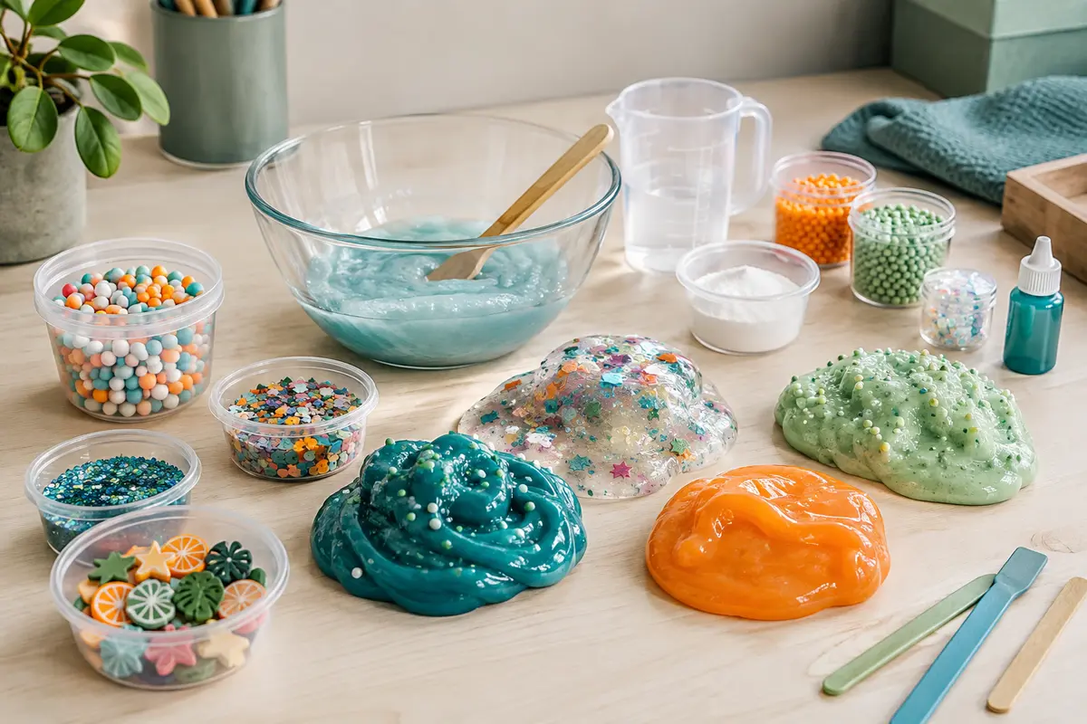 Kit de slime avec récipients, accessoires de mélange et décorations colorées sur une table claire