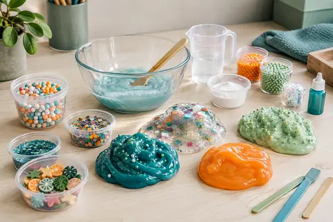 Kit de slime avec récipients, accessoires de mélange et décorations colorées sur une table claire