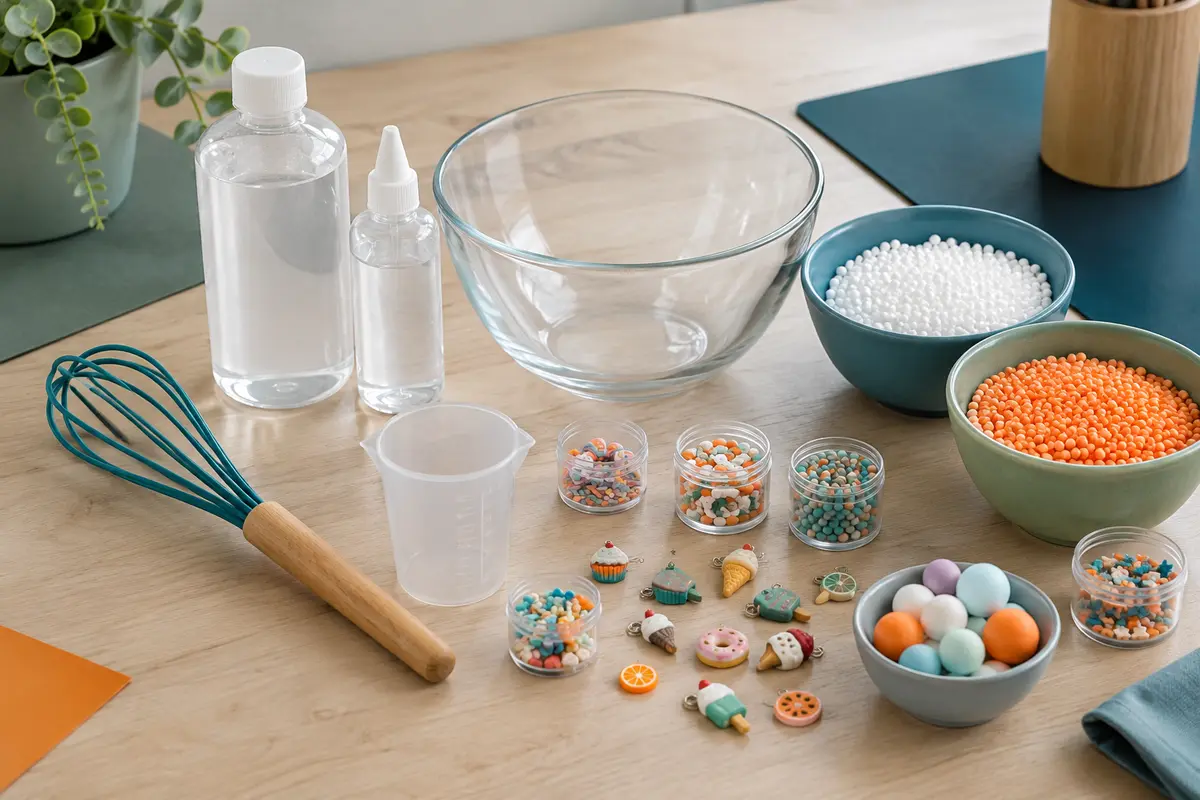 Kit de slime dessert avec flacons, outils de mélange, contenants et décorations colorées sur une table claire