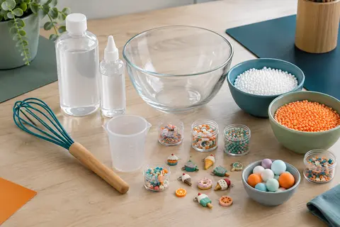 Kit de slime dessert avec flacons, outils de mélange, contenants et décorations colorées sur une table claire