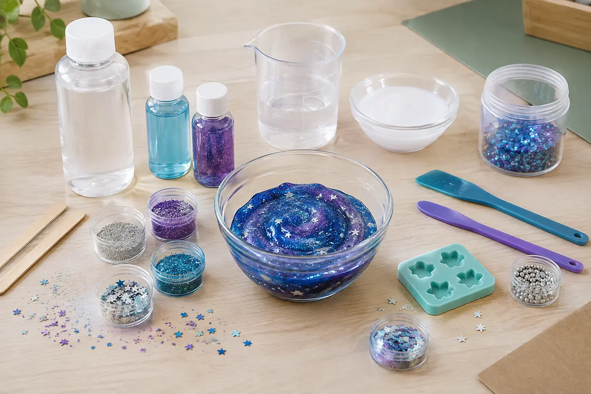 Kit de slime galaxie avec pots, outils de mélange et décorations bleues, violettes et argentées sur une table claire.