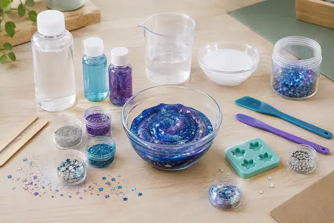 Kit de slime galaxie avec pots, outils de mélange et décorations bleues, violettes et argentées sur une table claire.