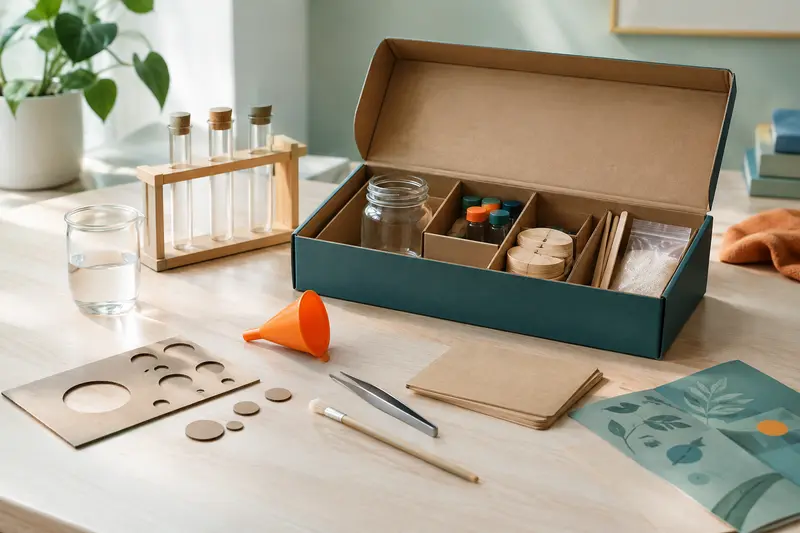 Matériel d’un kit scientifique réuni sur une table de travail claire, prêt à être comparé