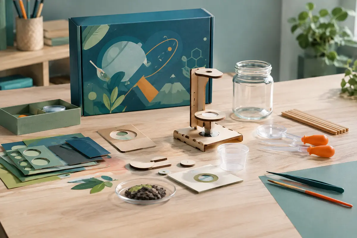 Kit de découverte scientifique présenté sur une table claire avec de petits outils et du matériel d’observation